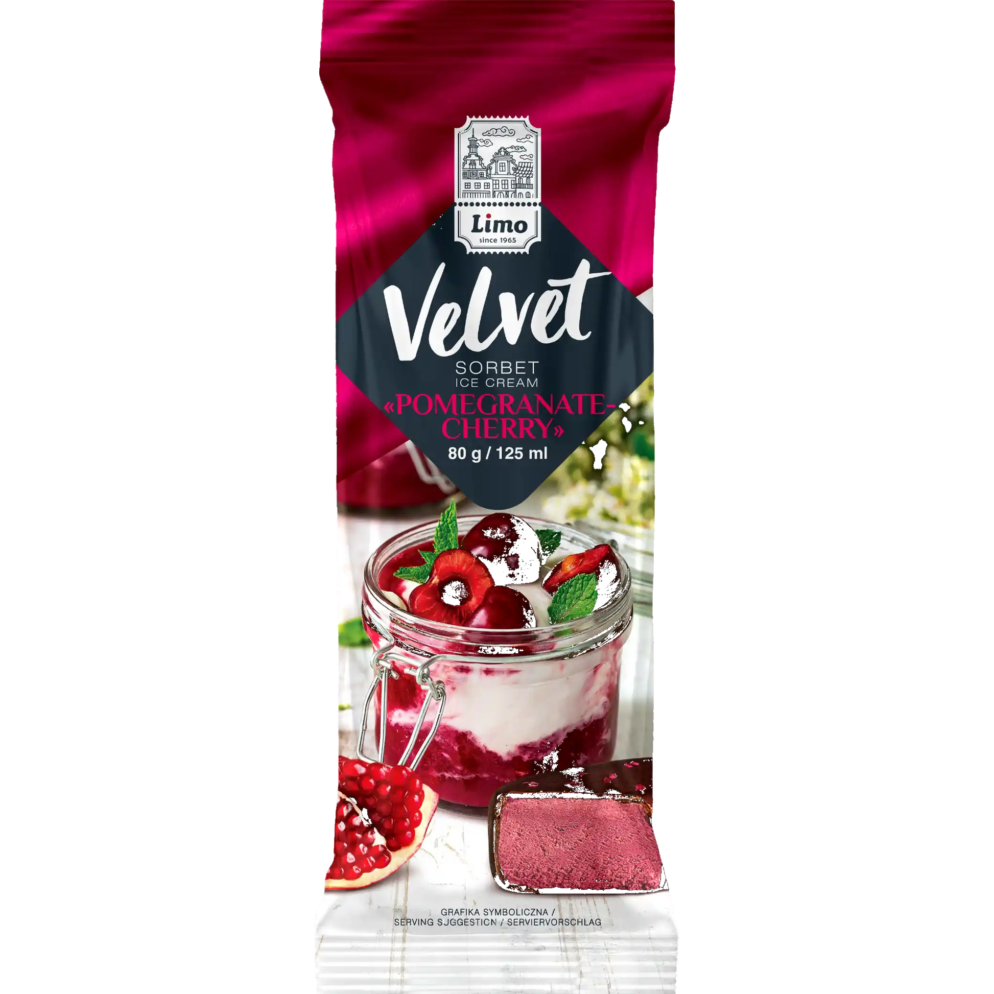 „VELVET“ sorbet „Granátové jablko –třešeň“, čokoládová poleva 80 g.webp